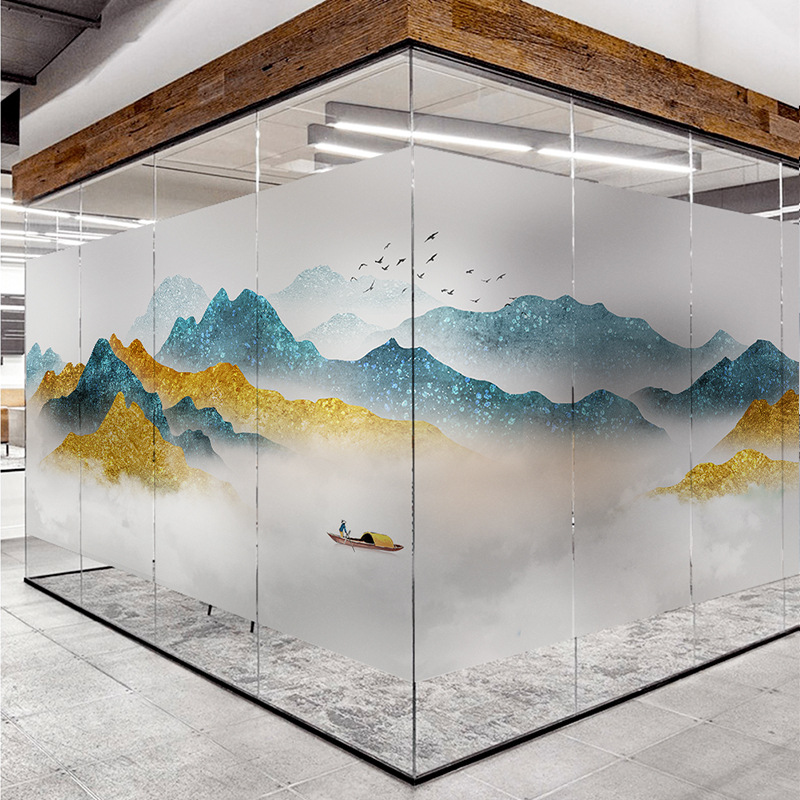 國風(fēng)藝術(shù)山水畫辦公室創(chuàng)意靜電貼紙、磨砂玻璃貼膜貼紙